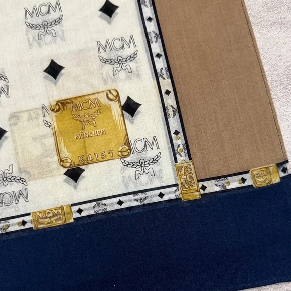 MCM Logo Square Scarf in Navy, White & Gold Plaque Print cotton - Picture 3 of 6